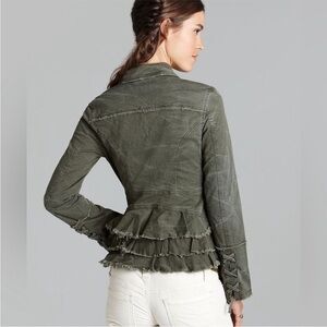 Free People Olive Distressed Blazer with Ruffled Back and Laced Cuffs